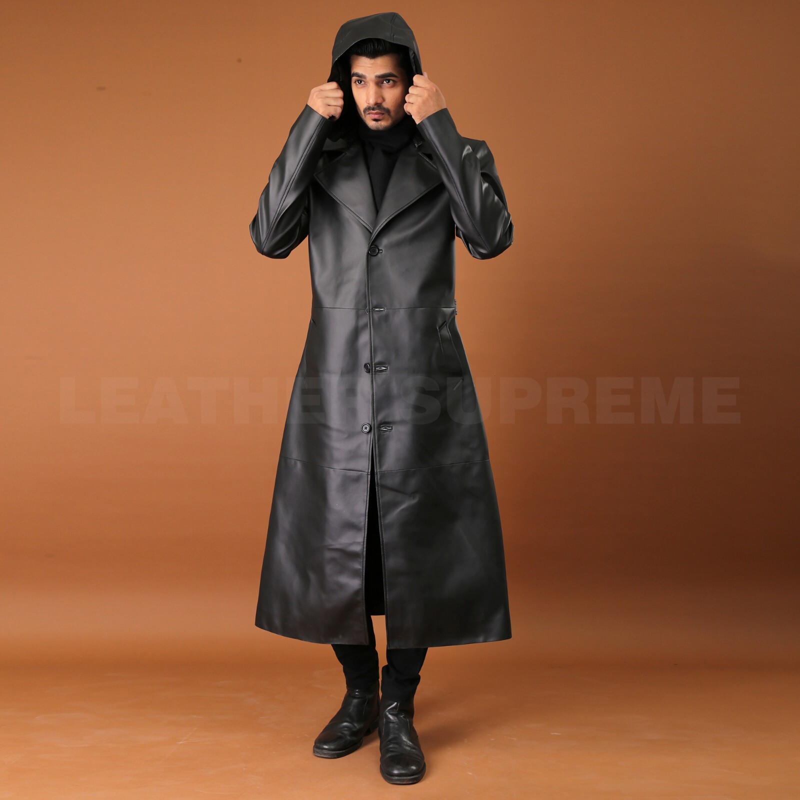 Pre-owned Supreme Men Black Long Hooded Coat For Men Leather Long Trench Coat Duster Coat