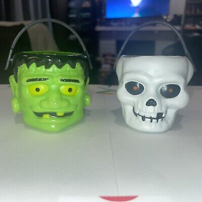 Vtg Halloween Easter Unlimited Frankenstein Funno Skeleton Blow Mold Pail Basket