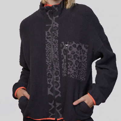 $225 Monrow Womens Black Leopard Trim Teddy Fleece Full-Zip Shirt Jacket Size XS