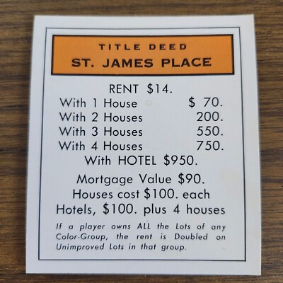 Replacement St James Place Title Deed Card Regular Basic Monopoly a