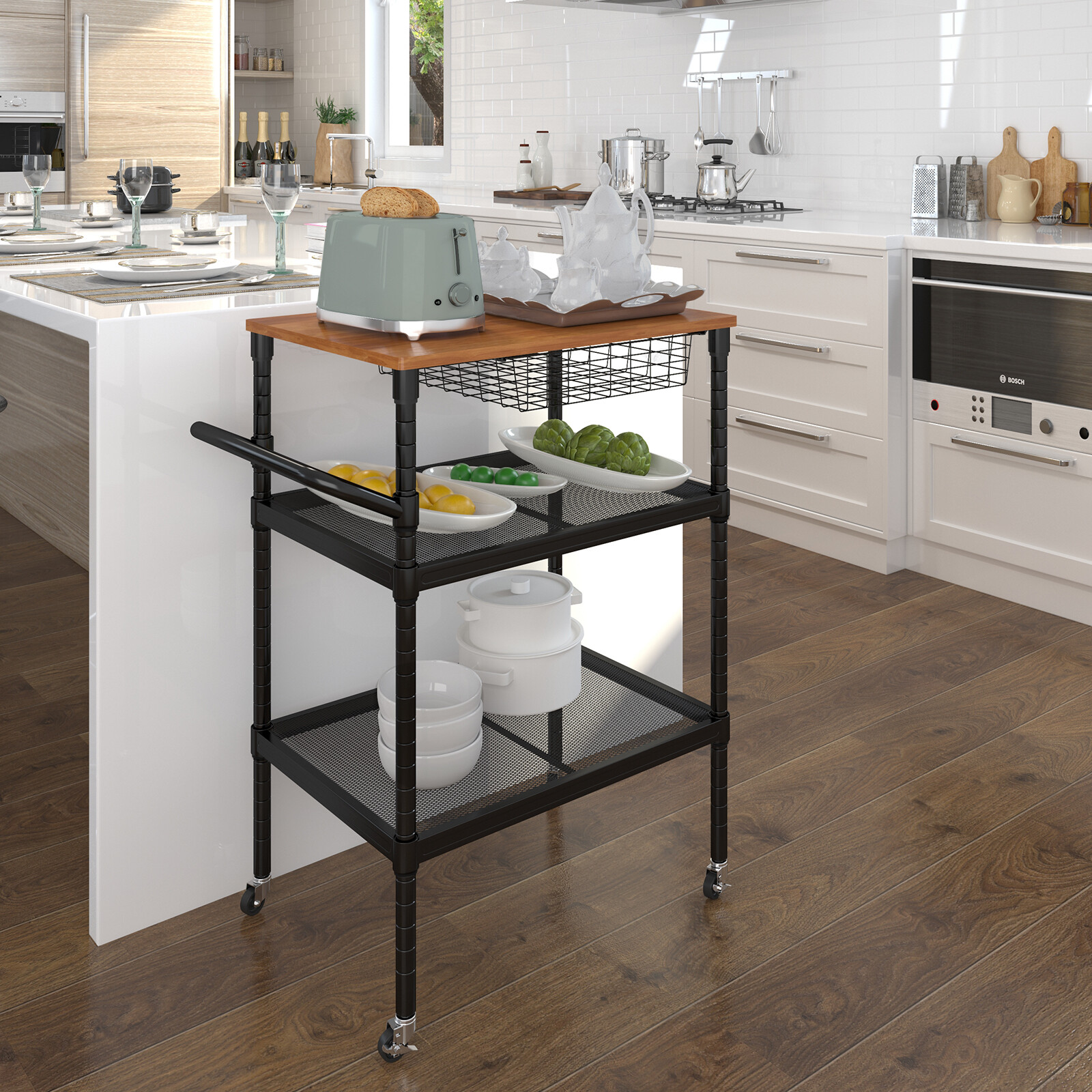Kitchen Cart for Home, Oak Wood Top with with Storage Microwave Cart US Stock