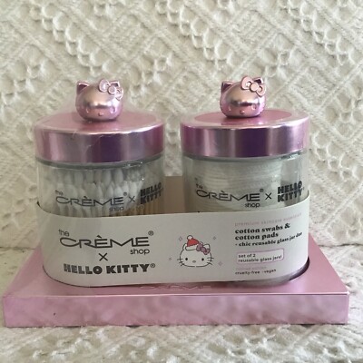 HELLO KITTY Crème Shop x Glass Jar Set Cotton Pads and Swabs PINk New