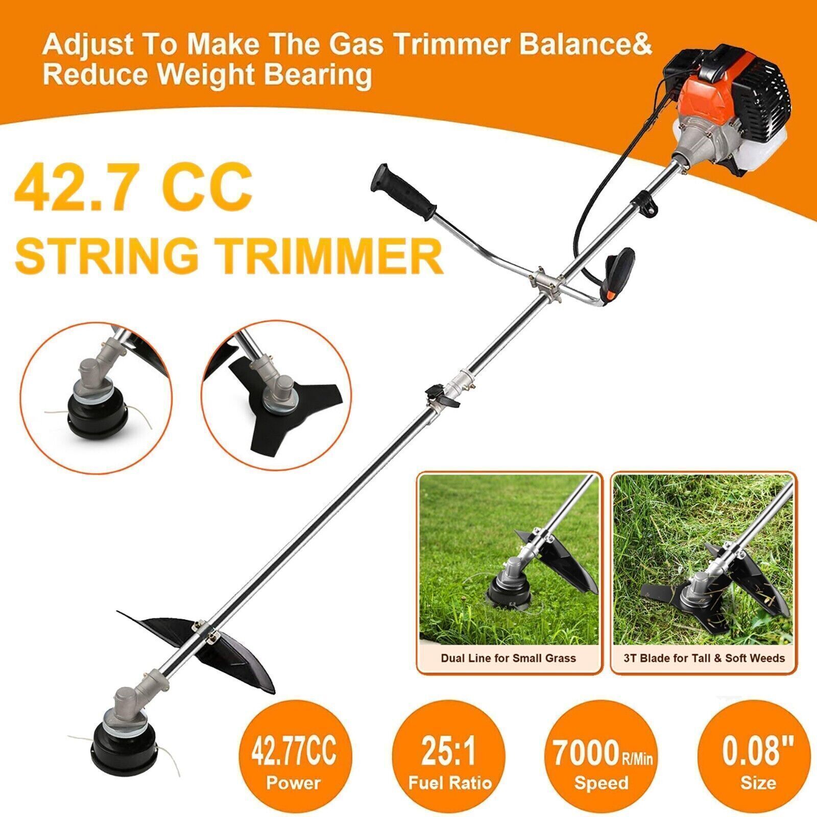 42.7CC 2Stroke 2-in-1 Gas Straight Shaft String Grass Trimmer Weed Eater Cutter#