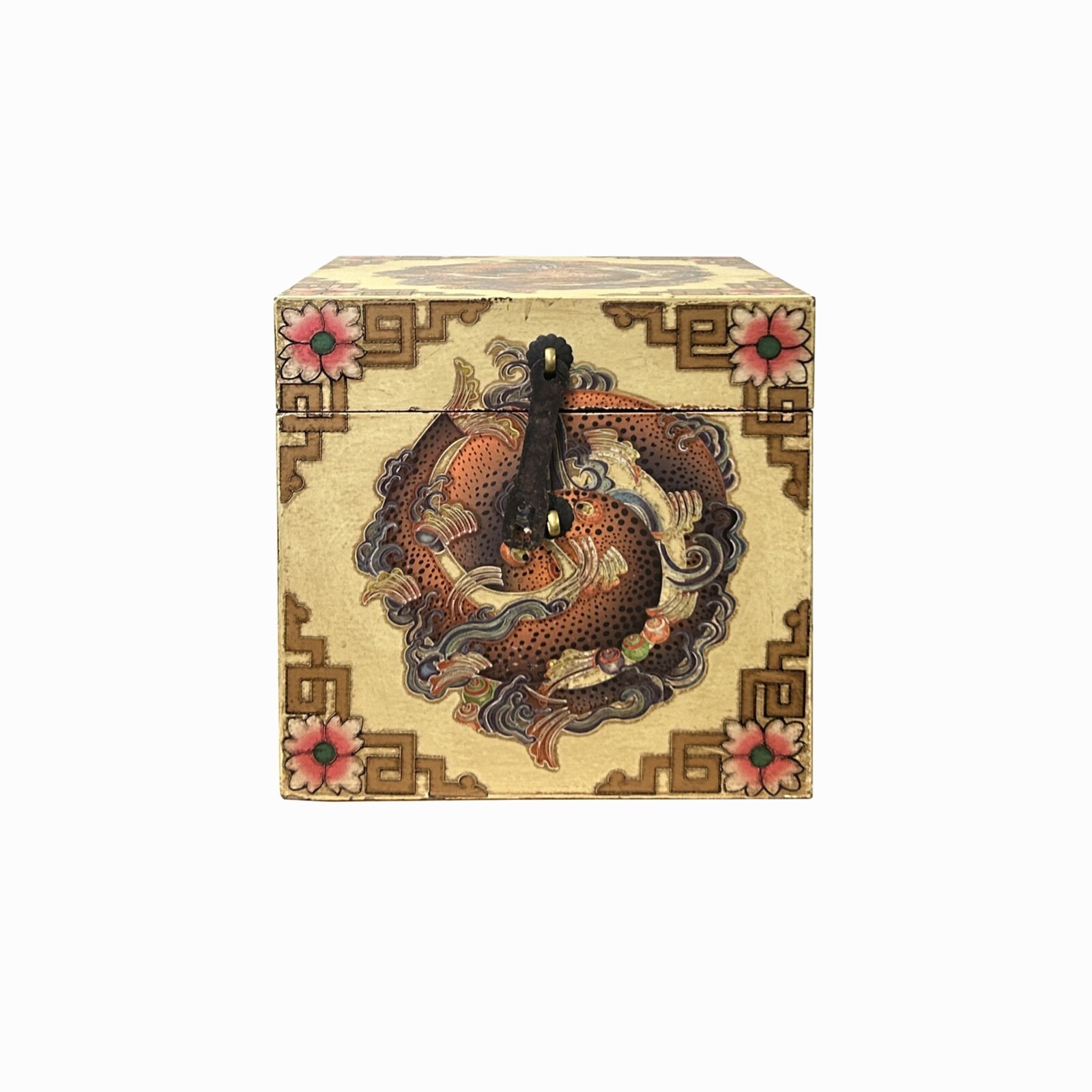 Chinese Distressed Beige Cream Double Fishes Graphic Square Shape Box ws3490S Chinese Distressed Beige Cream Double Fishes Graphic Square Shape Box ws3490S