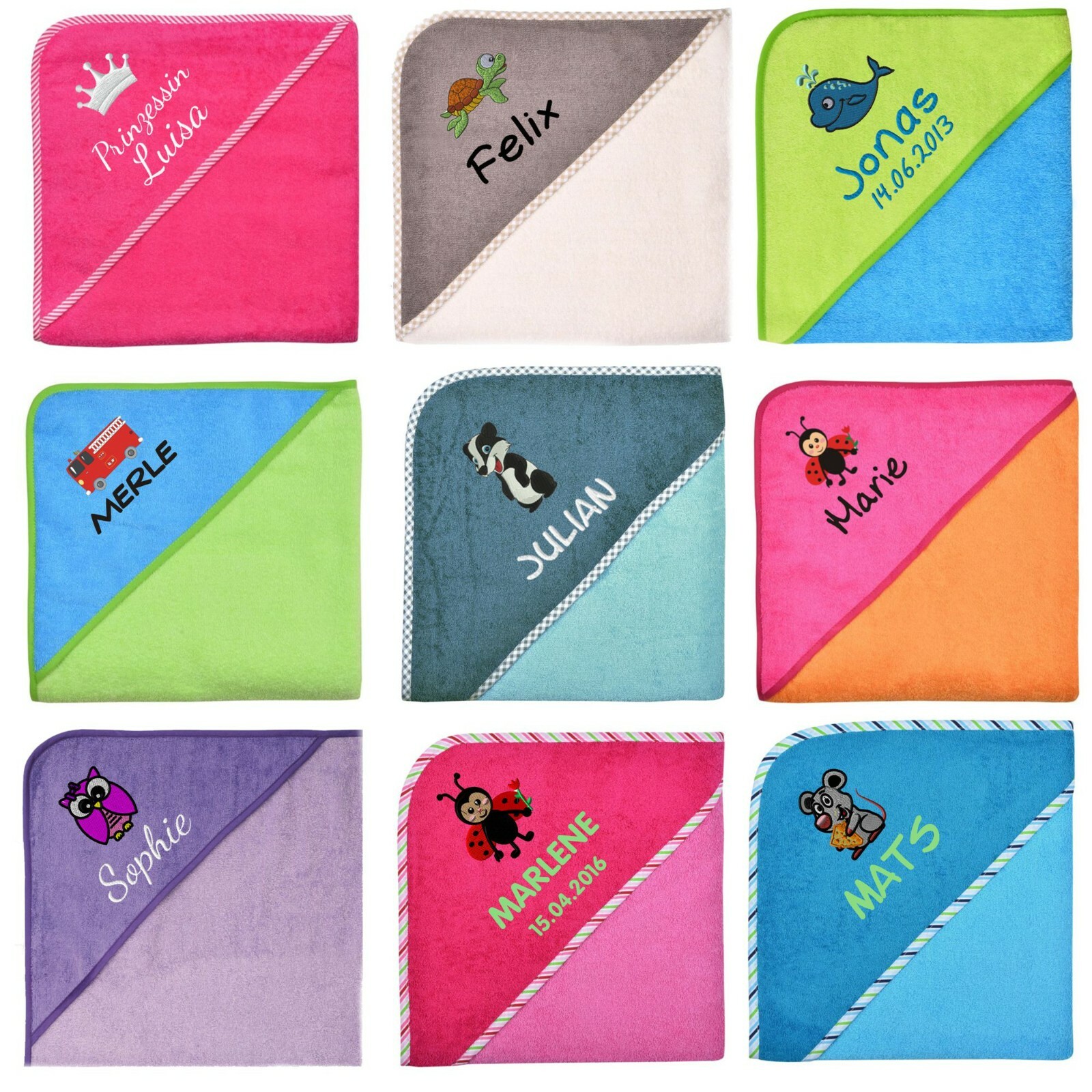 Wolimbo Kapuzenhandtuch Baby Kinder Badetuch Handtuch mit Namen & Motiv bestickt