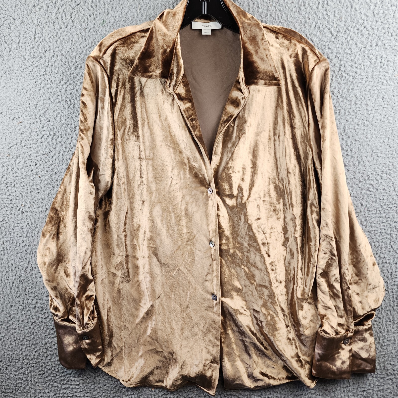 Vince Velvet Silk Blend Button Up Shirt Women's XL Gold Shadow Cuff Long Sleeve - Picture 2 of 17