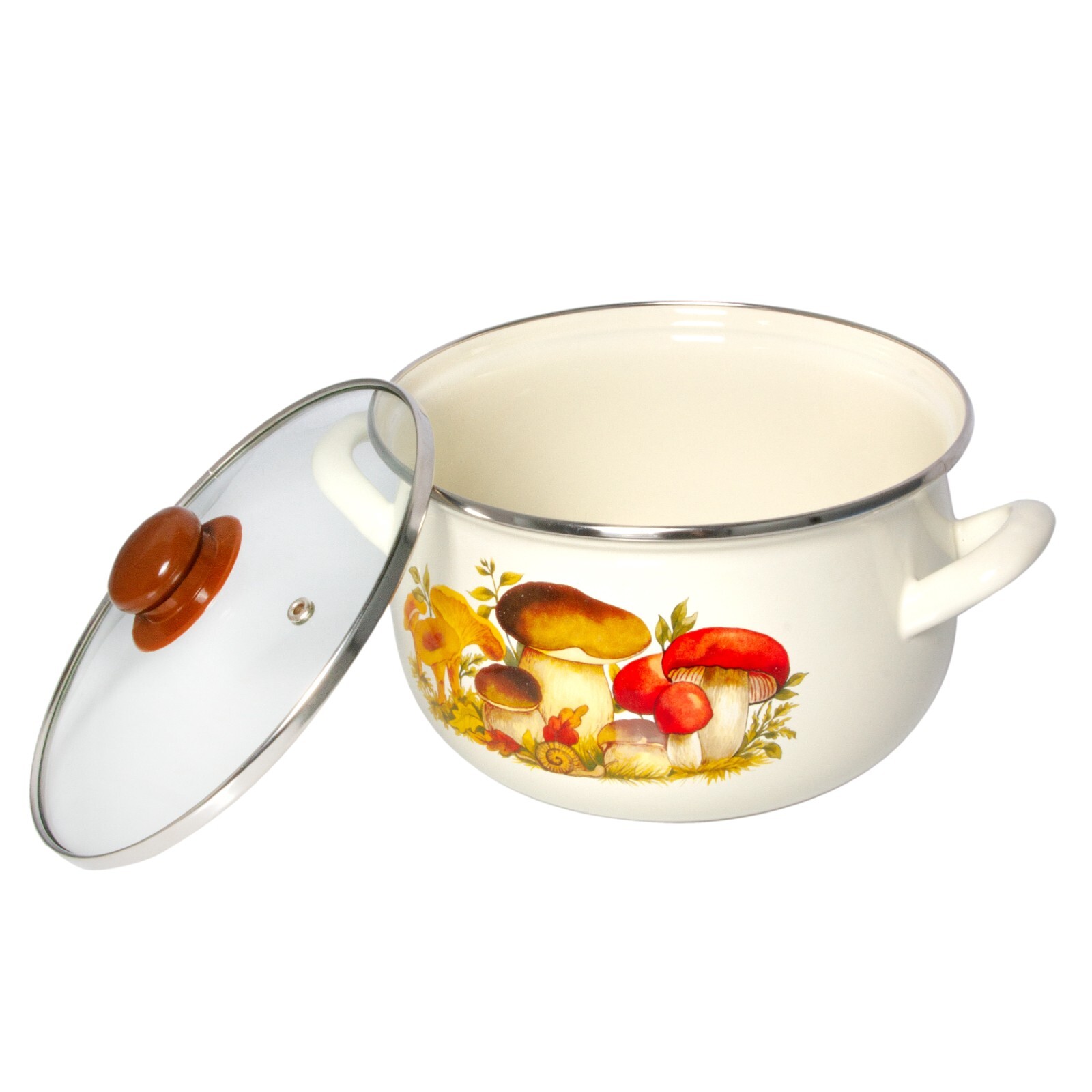 MUSHROOMS Enamelware Stockpot with Glass Lid, Enameled Cooking Pot 2.2 qt