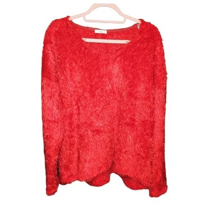 e. Luna Red Fuzzy Shaggy Knit Sweater Women's L– Soft Cozy Textured Pullover