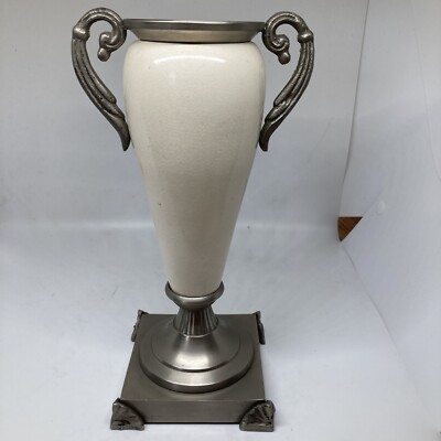 Dual Handle Off White 10'' Trophy Shape Vase Metal Base Handles Felt Bottom