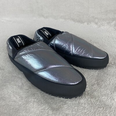 P448 Womens Slip On Shoes Slippers EU 39 US 8 Silver Black Slip On Fur LIned NEW