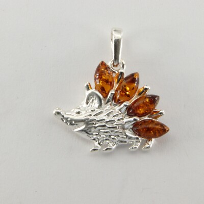 Cognac / Brown BALTIC AMBER Hedgehog Pendant - 925 STERLING SILVER Poland #5241e