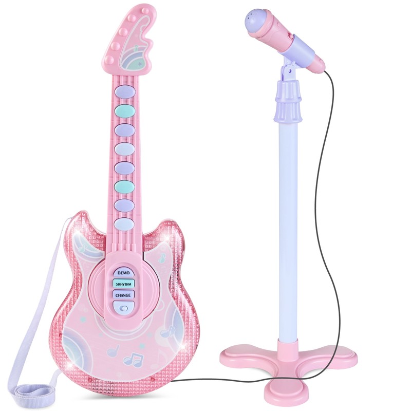19-Inch Kids Flash Guitar with Microphone and Stand - Pink Musical Toy
