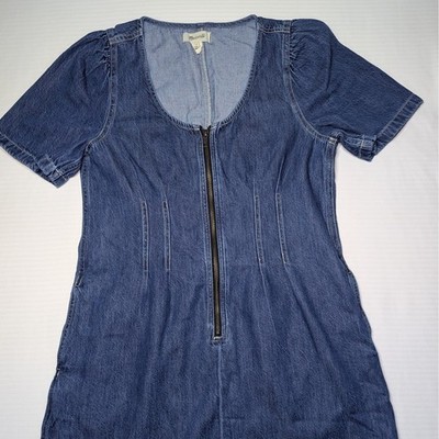 Madewell Women Puff Sleeve Zip Front Denim Jumpsuit Cotton Lyocell 10 Indigo