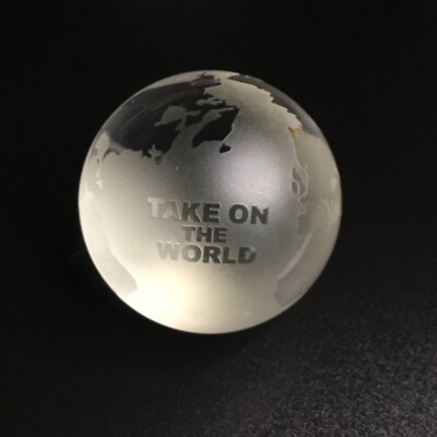 Vintage Frosted Glass Globe Earth Paperweight ''TAKE ON THE WORLD'' - 3''