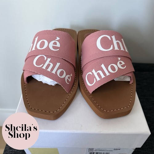Pre-owned Chloé Chloe Woody Flat Canvas Mule Slide Sandals Pink Size 36