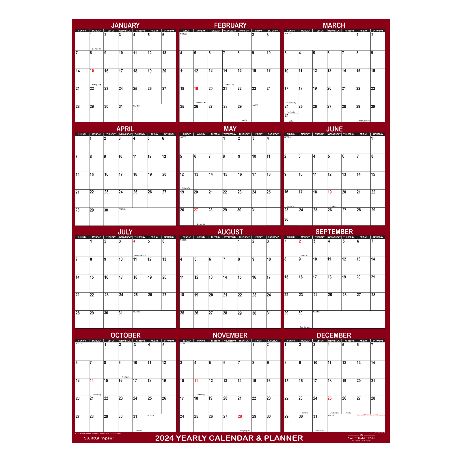 32" x 48" SwiftGlimpse 2024 Wall Calendar Erasable Yearly Wall Planner - Maroon