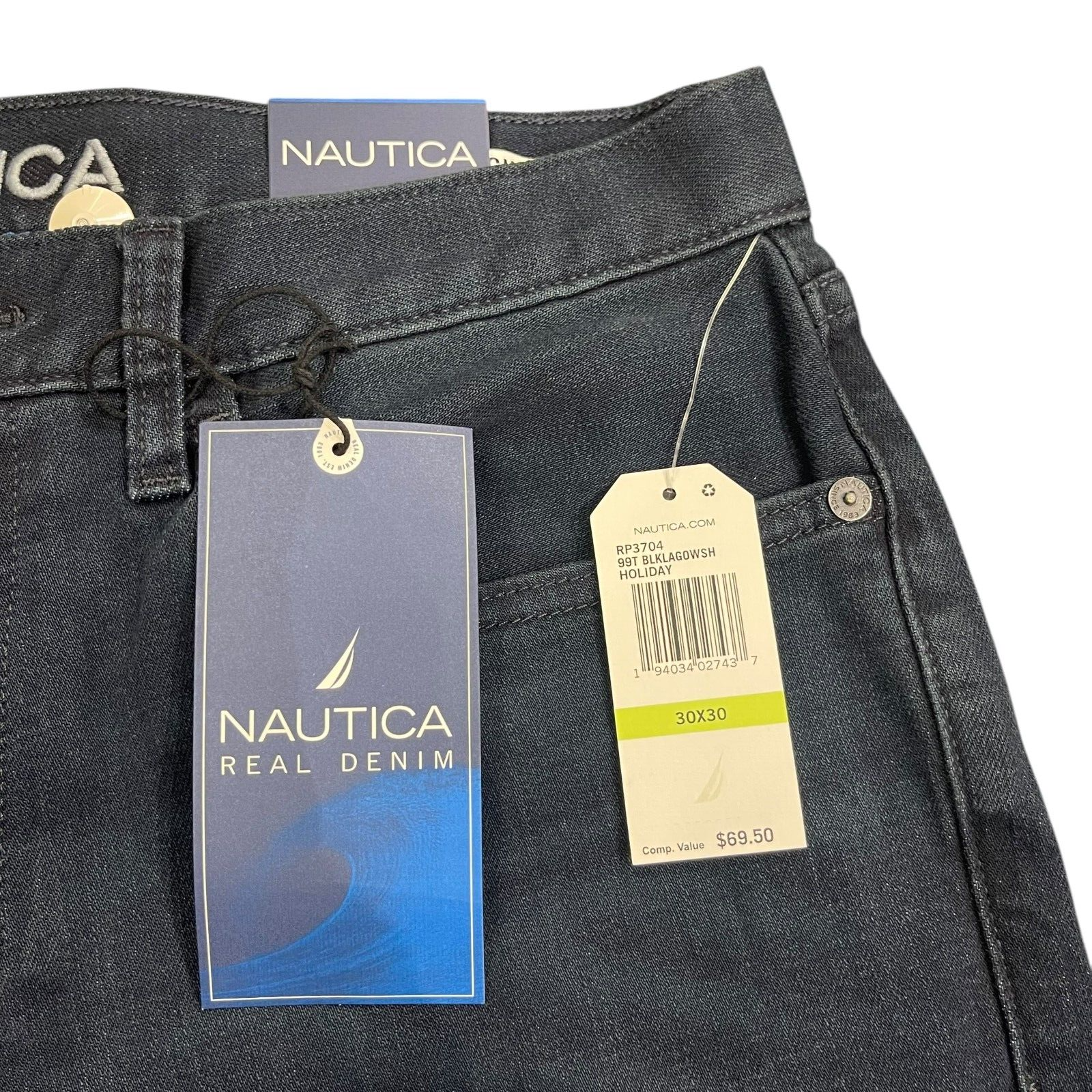 NWT Nautica Mens Original Relaxed Straight Stretch Denim Jeans Black Lagoon Wash