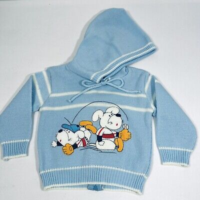 Vintage Petit Ami Baby Sweater 3mo Blue Terry Cloth Baseball Dogs Hooded Zip