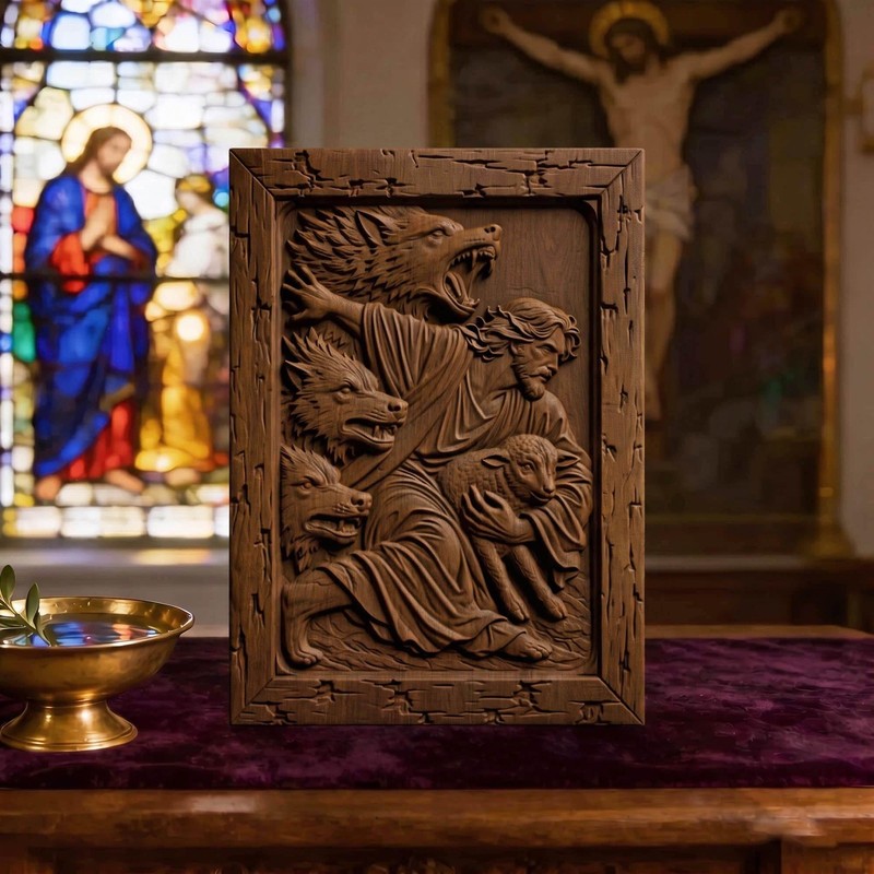 Jesus Saves from the Wolves Wooden Carved Handmade Christian Icon Home Decor