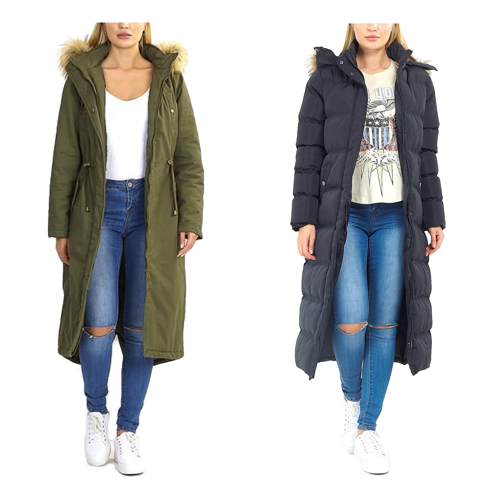 womens longline padded jacket with fur hood