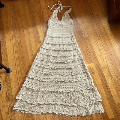 Moda International Women's Small Halter Maxi Dress Beige Crochet 100% Cotton
