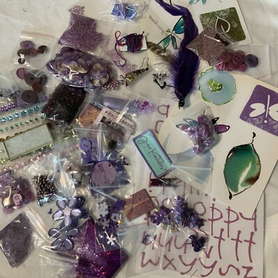 Scrapbooking Embellishments Lot PURPLE Random mix Buttons Glitter Leftovers