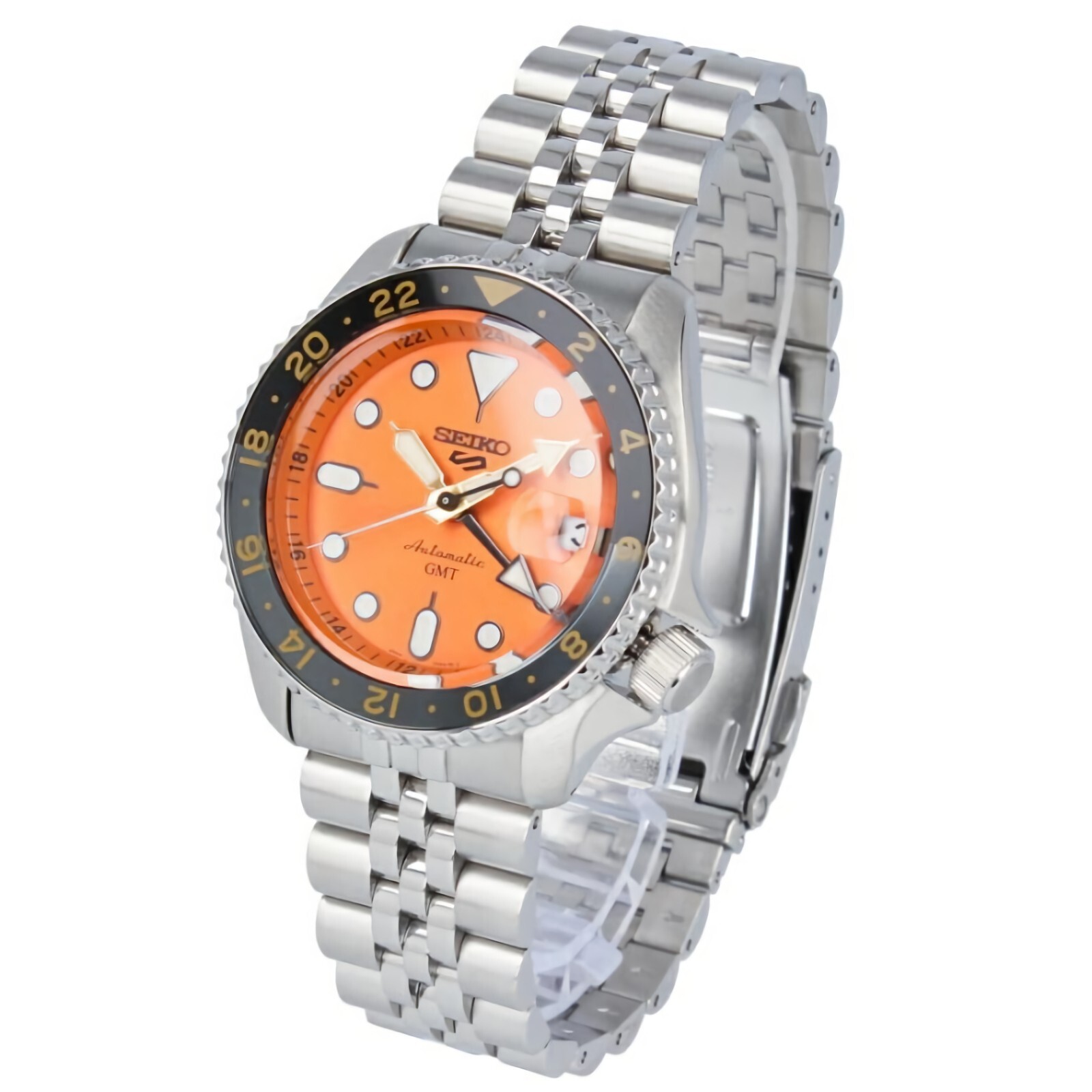 Pre-owned Seiko 5 Sports Stainless Steel 42.5 Mm Gmt Automatic Orange Dial Watch Ssk005k1