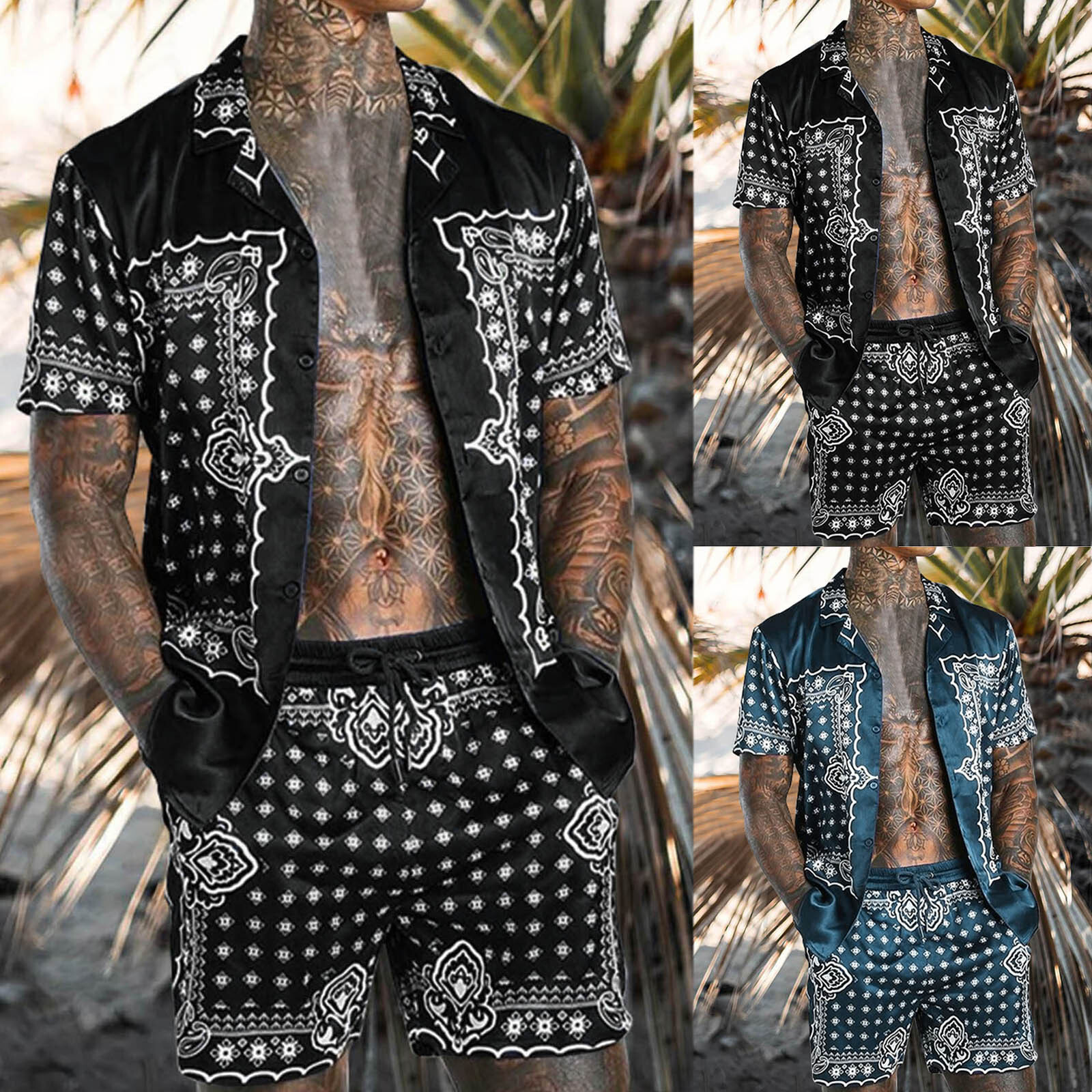 Mens Summer Fashion Leisure Orientation Printing Hawaiian Two Piece Suit Men