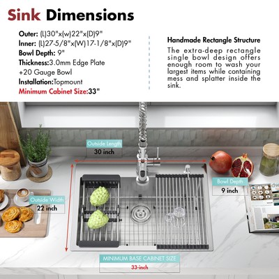 30 x 22 x 9 in Drop in Single Bowl Kitchen Sink Scratch-Resistant Nano Finish US