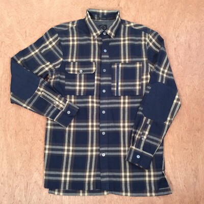 Wrangler ATG Shirt Men SMALL NAVY Plaid Button Up ALL TERRAIN GEAR Elbow PATCHES
