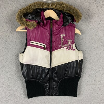 Ecko Red Women Small Vest Y2K Puffer Pink Hood Bling LA Patch 2000s