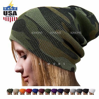 Cuff Plain Baggy Beanie Hat Military Ski Army Cap Camo Slouchy Women Solid