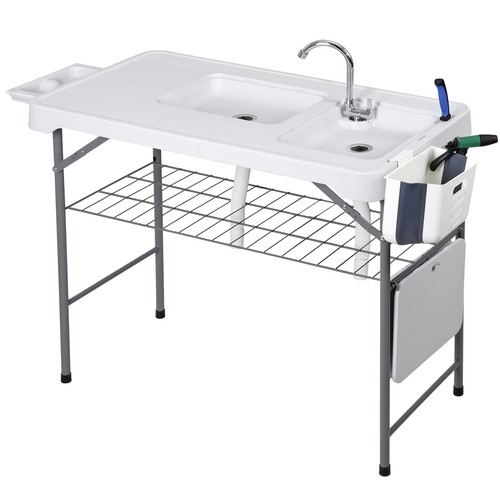 Fish Cleaning Table w/Dual Sink Portable Folding Camping Table w/Swivel Faucet