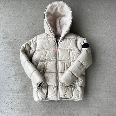 save the duck kids ultra light puffer jacket with hood fleece lined size 10