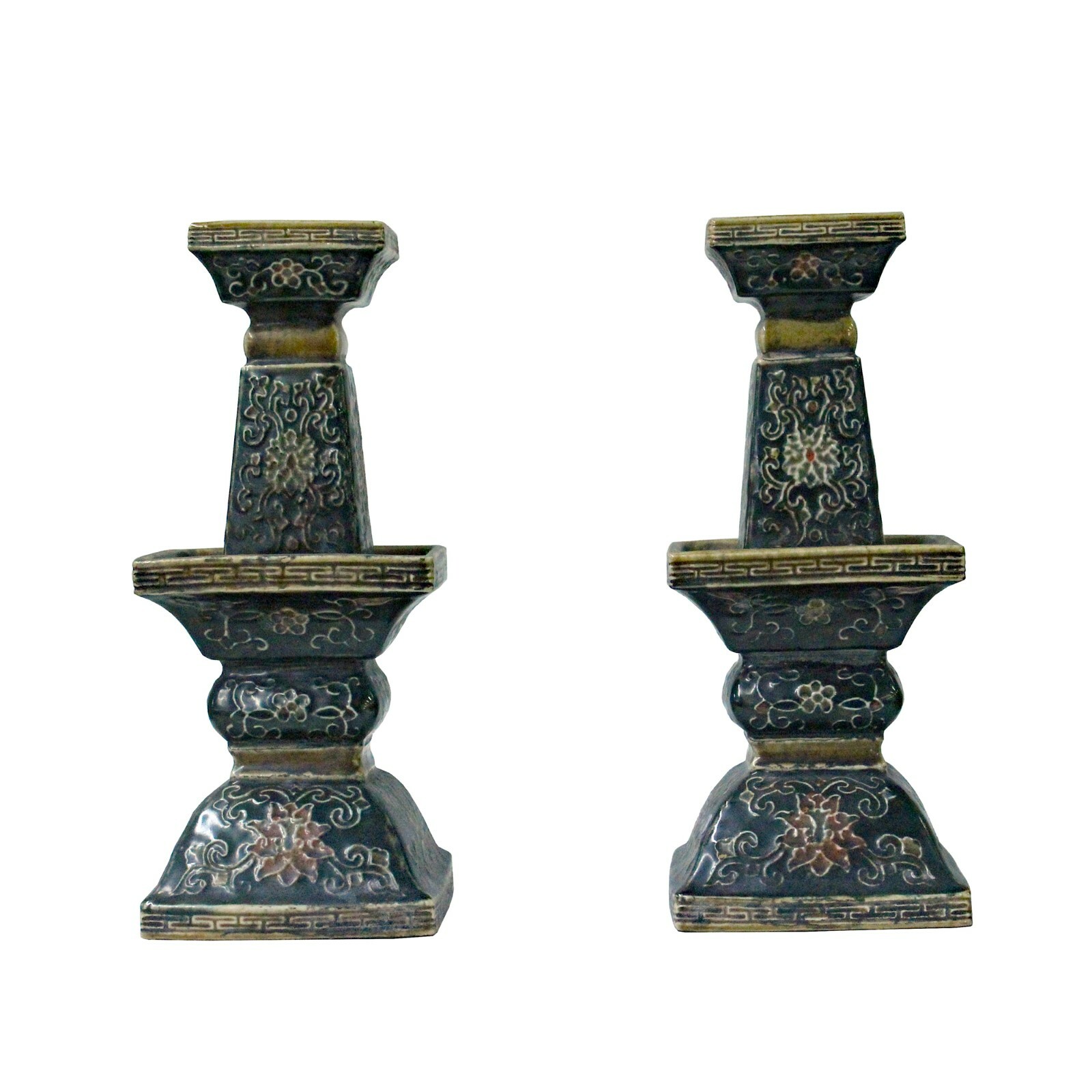 Pair Chinese Handmade Ceramic Square Motif Candle Holders Display ws941S Pair Chinese Handmade Ceramic Square Motif Candle Holders Display ws941S
