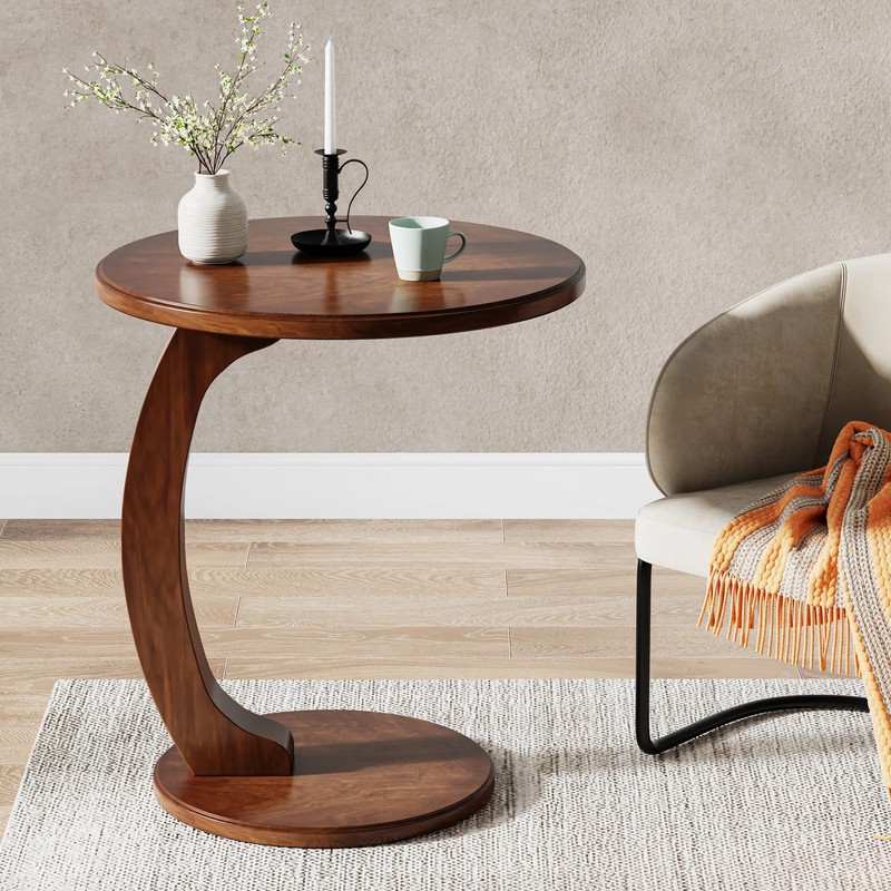 Round C Shaped End Table Wood Couch Side Table Mid Century Modern Retro Accent