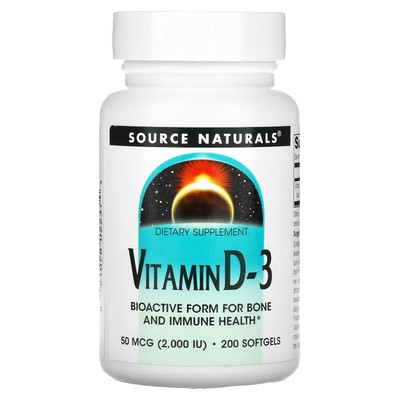 Source Naturals Витамин D-3 2000 МЕ 200 мягких капсул без молочных продуктов, без яиц,