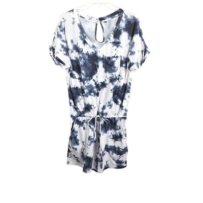 Tie Dye Short Sleeve Romper Navy Blue White V-Neck Drawstring ...