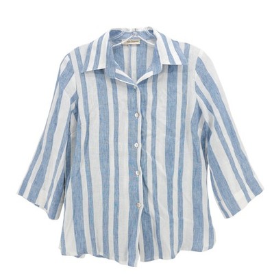 SARTORIA SARACENA 100% Linen Shirt Blue White Stripe 3/4 Sleeve ITALY Size SMALL