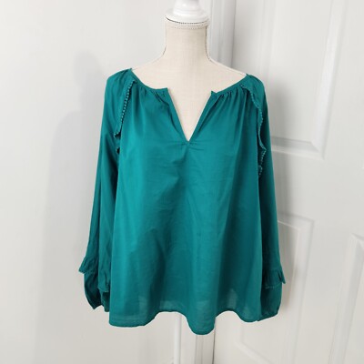 J Crew Top Womens XXL Green Peasant Boho Ruffle Trim Balloon Sleeves Fall 2022
