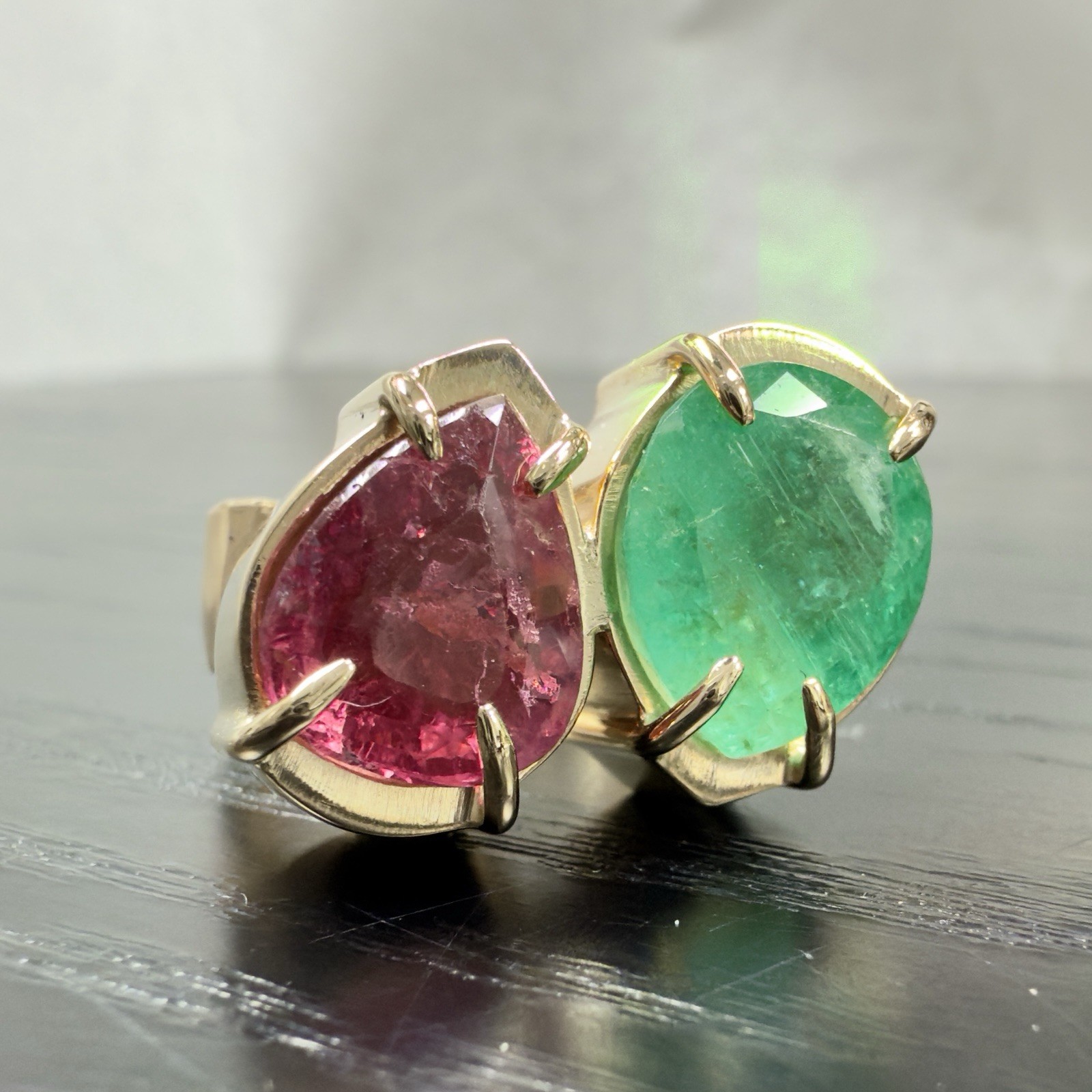 14k Yellow Gold Genuine Emerald & Pink Tourmaline Modernist Ring, New Size 6.5 - Picture 5 of 14