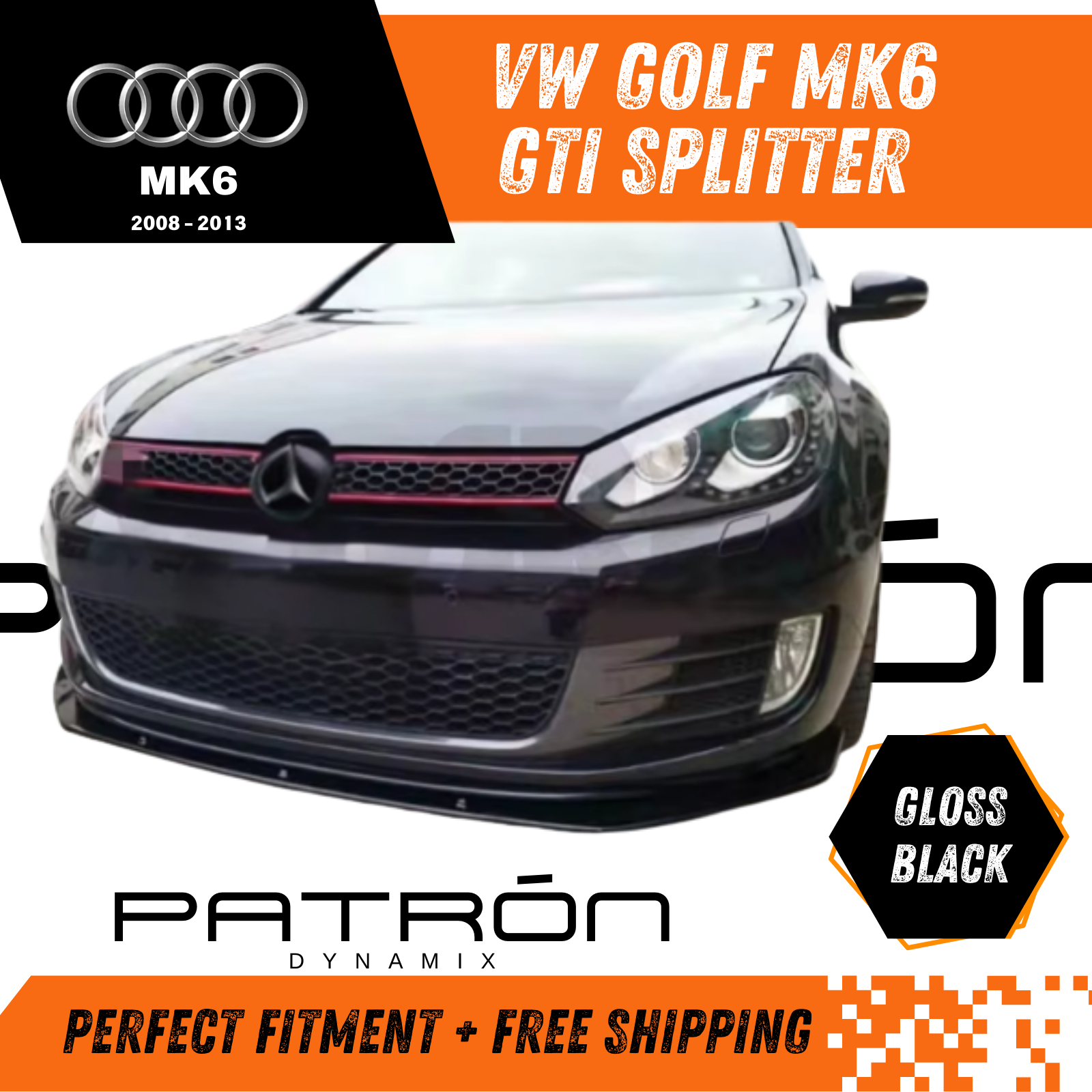VW Golf MK6 GTI 3 Pcs Splitter Lip Spoiler Body kit Gloss Black 2008 - 2013