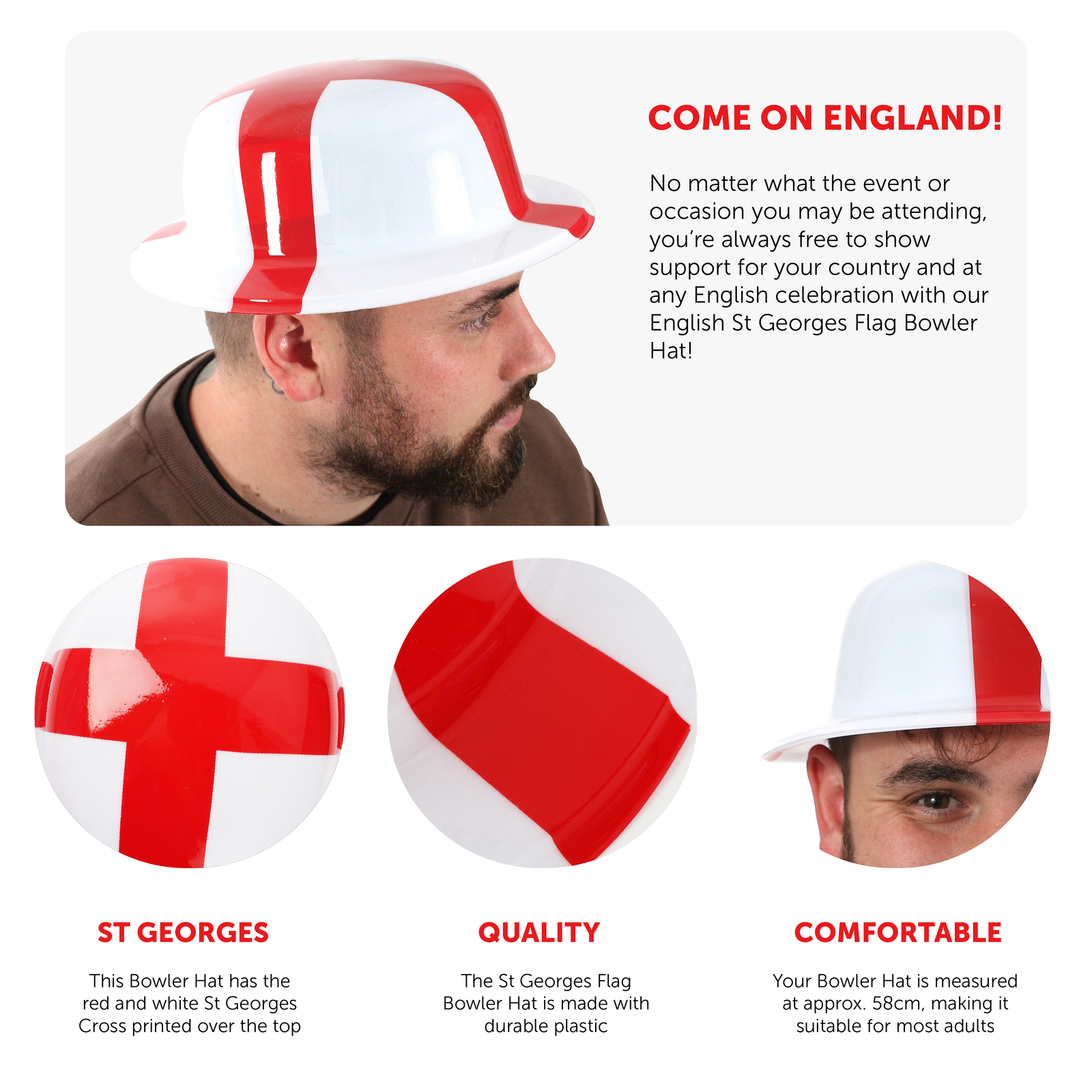 England Flag Bowler Hat Adult White Red England Flag Bowler Hat Adult White Red