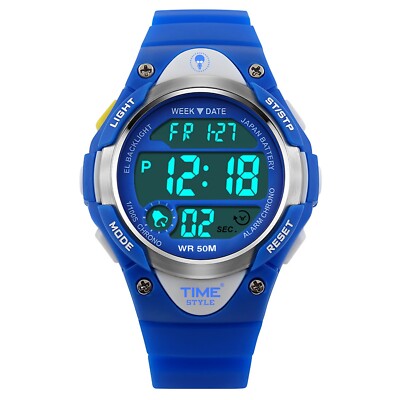 Branded Childrens Blue Digital LCD Watch with EL Light PU Strap, ABS Case, 50m