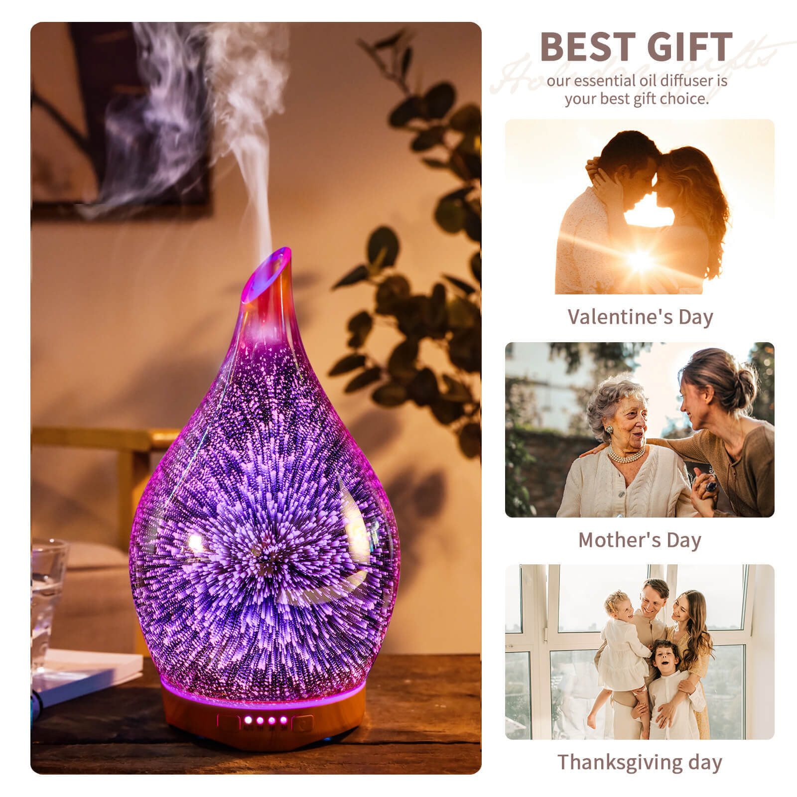 280ml Essential Oil Humidifier 3D Effect Glass Aroma Diffuser RoseGold 7 colors