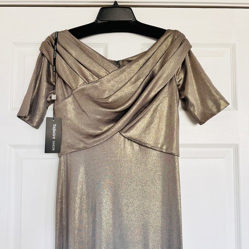 Pre-owned Tadashi Shoji Metallic Gold Aline Gown Short Sleeve Party Long Dress Maxi