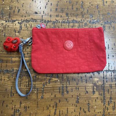 KIPLING Large Creativity Pouch Wallet Three Compartments Brick Red Monkey Charm