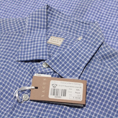 Xacus NWT Casual Button Down Shirt Size 16.5 42 In Blue With White Plaid Linen