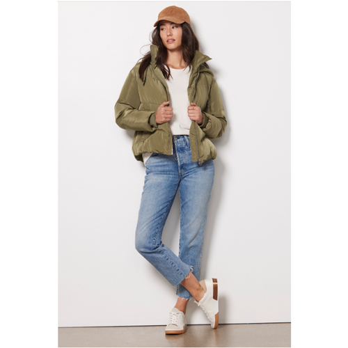 Pre-owned Jakke Evereve Poppy Recyled Puffer Hooded Coat Jacket In Olive Green // Xs