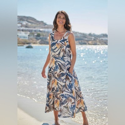 WoolOvers pocket pinafore Tropical Leaves Print Relaxed Long Linen Dress 14 new